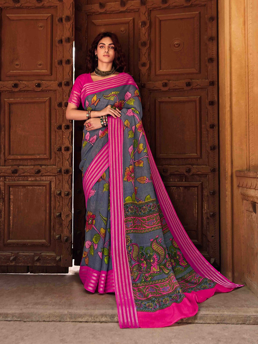 

all about you Grey & Pink Floral Printed Zari Pure Linen Saree