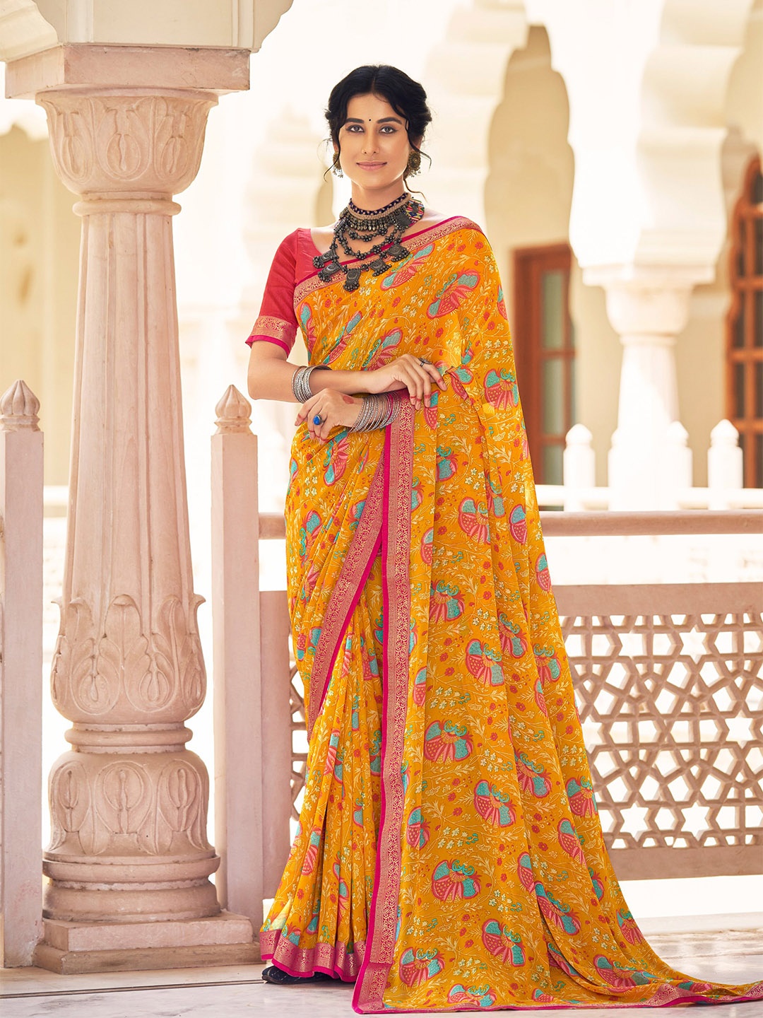 

all about you Yellow & Pink Floral printed Zari Pure Georgette Saree