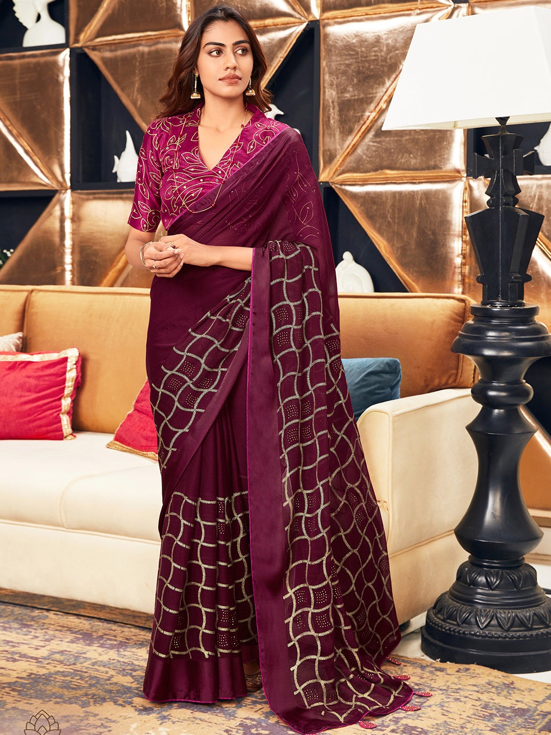 

all about you Purple & Gold-Toned Embroidered Pure Chiffon Saree