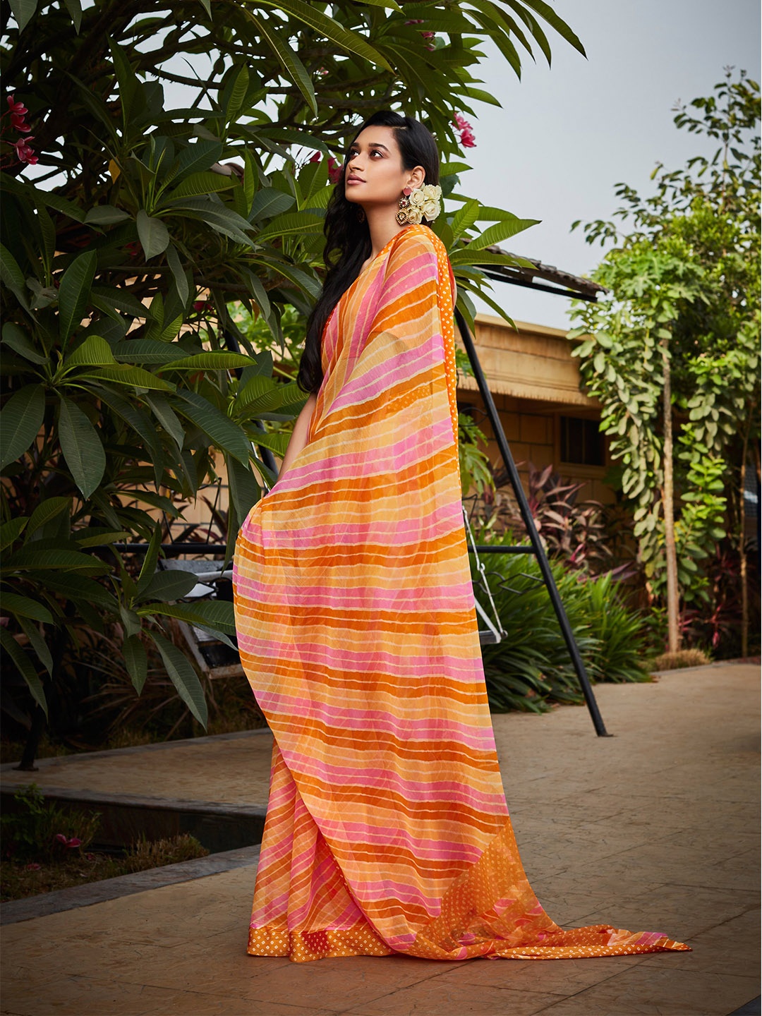 

all about you Orange & Pink Leheriya Printed Pure Georgette Saree