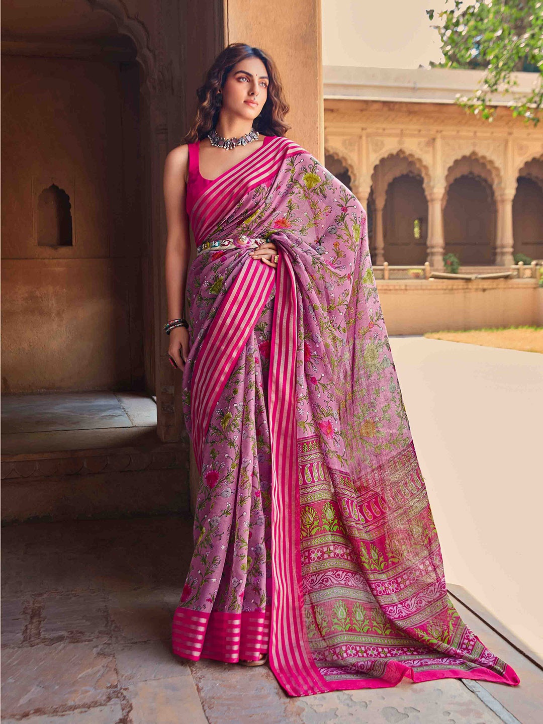 

all about you Pink & Green Floral Printed Zari Pure Linen Saree