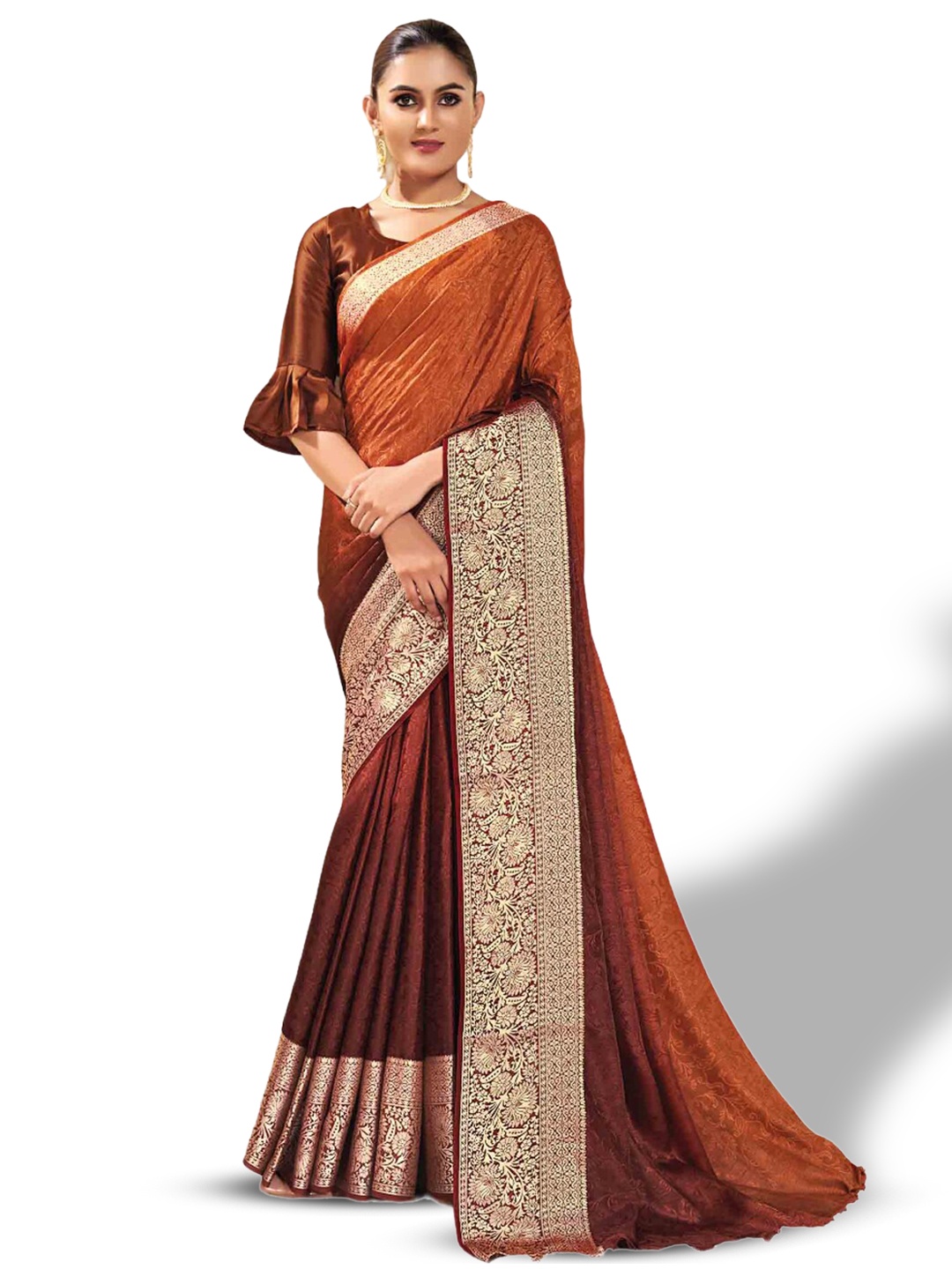 

all about you Orange & Brown Floral Woven Design Zari Saree