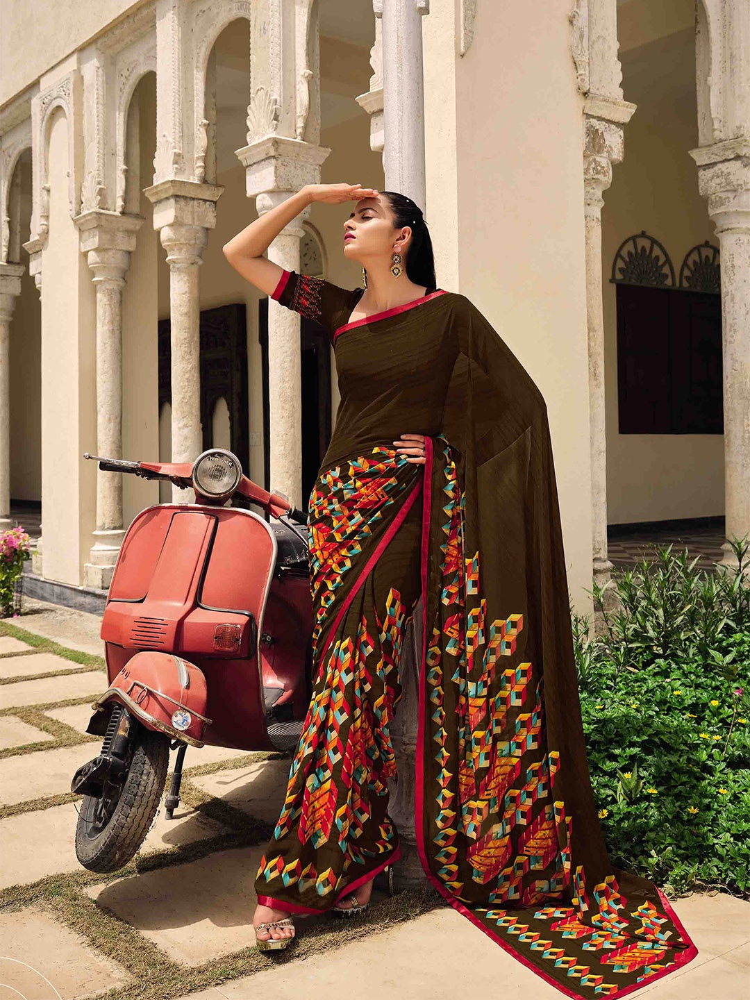 

all about you Green & Red Geometric Printed Pure Georgette Saree