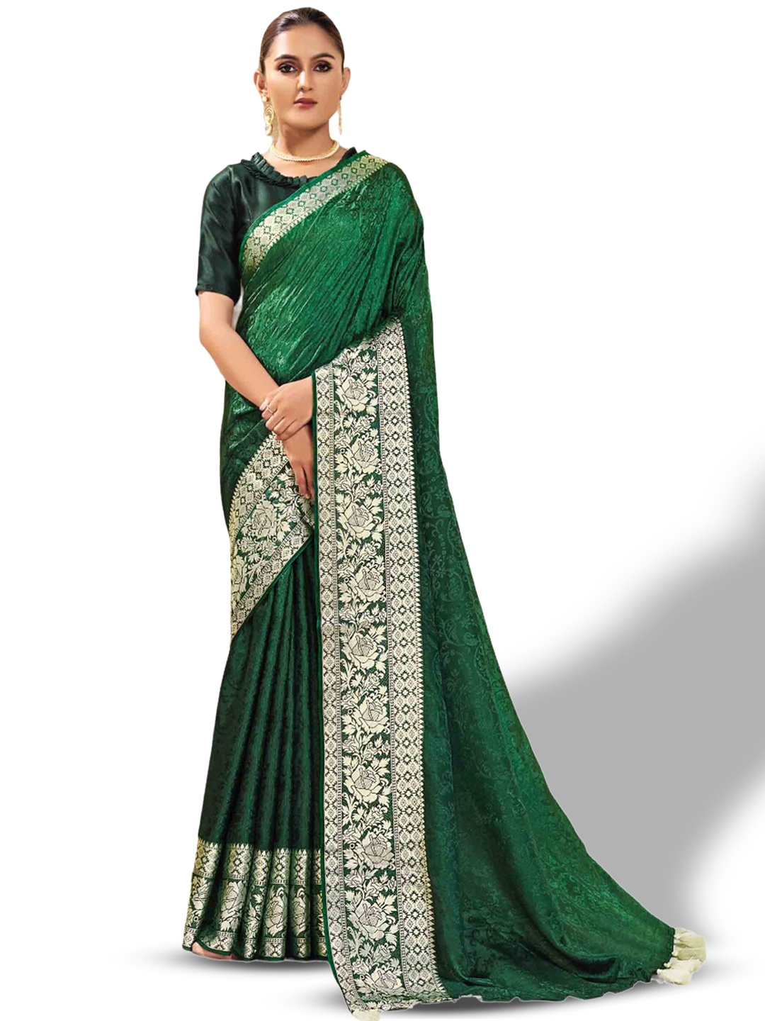

all about you Green & Silver-Toned Ethnic Motif Woven Design Zari Saree