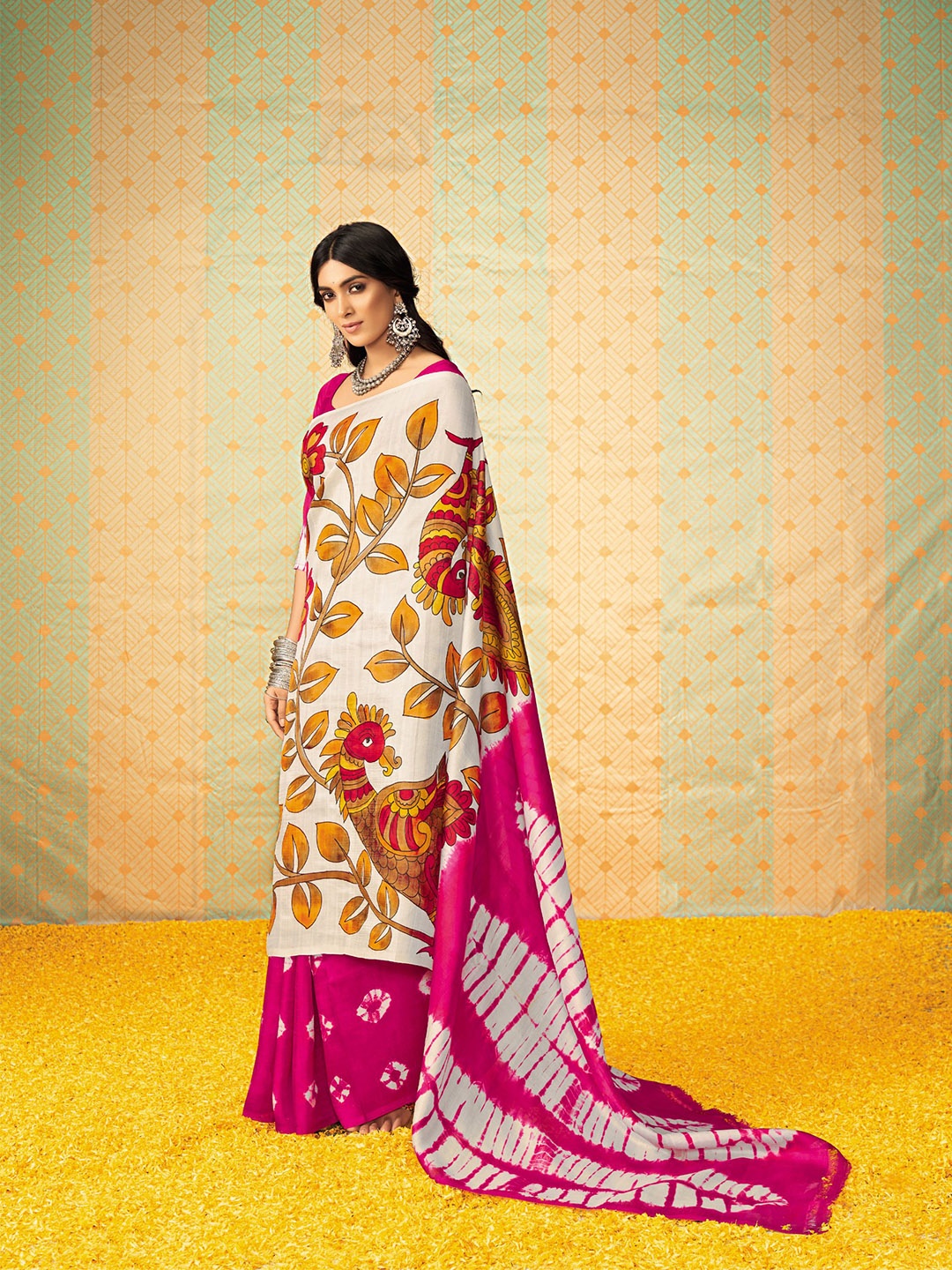 

all about you White & Pink Ethnic Motifs Printed Satin Saree
