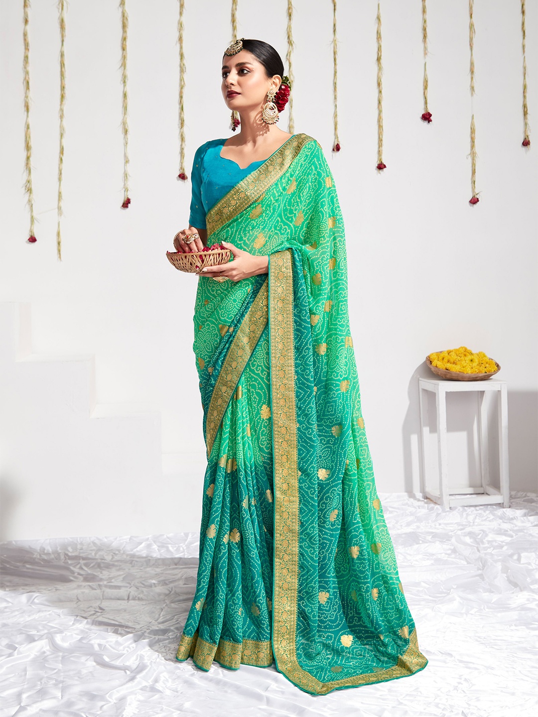 

all about you Sea Green & Gold-Toned Bandhani Printed Zari Pure Georgette Saree