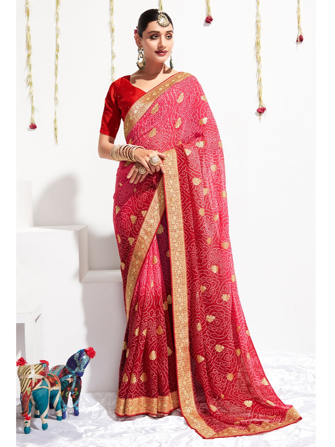 

all about you Red & Gold-Toned Bandhani Printed Zari Pure Georgette Saree