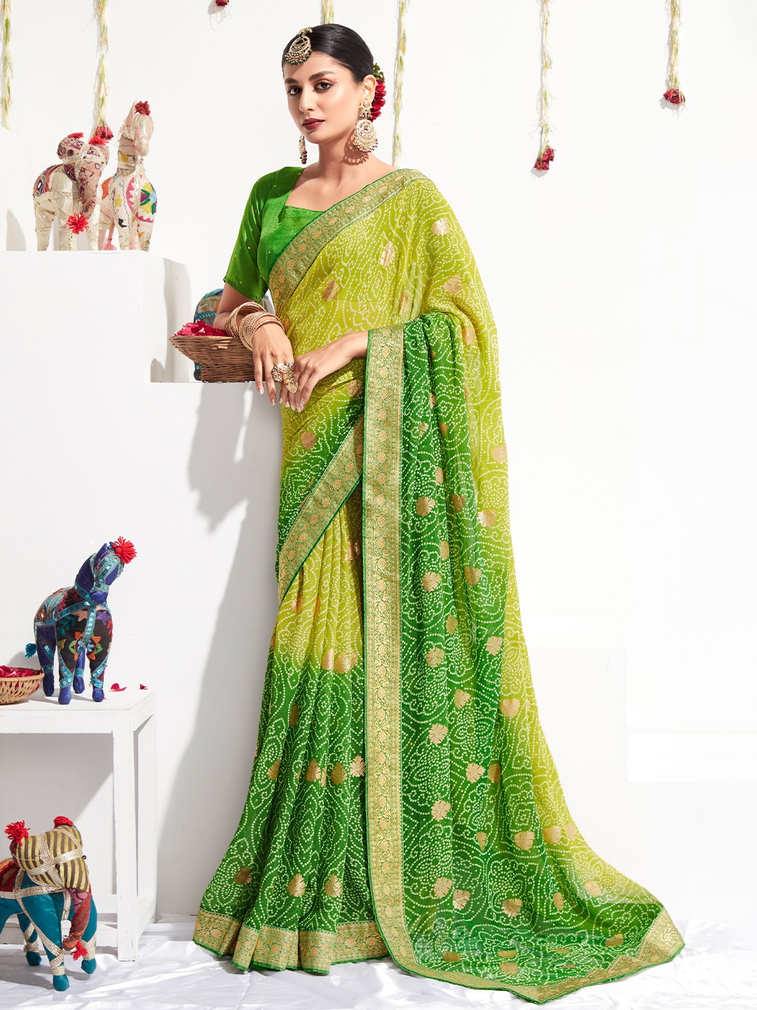 

all about you Green & Gold-Toned Bandhani printed Zari Pure Georgette Saree