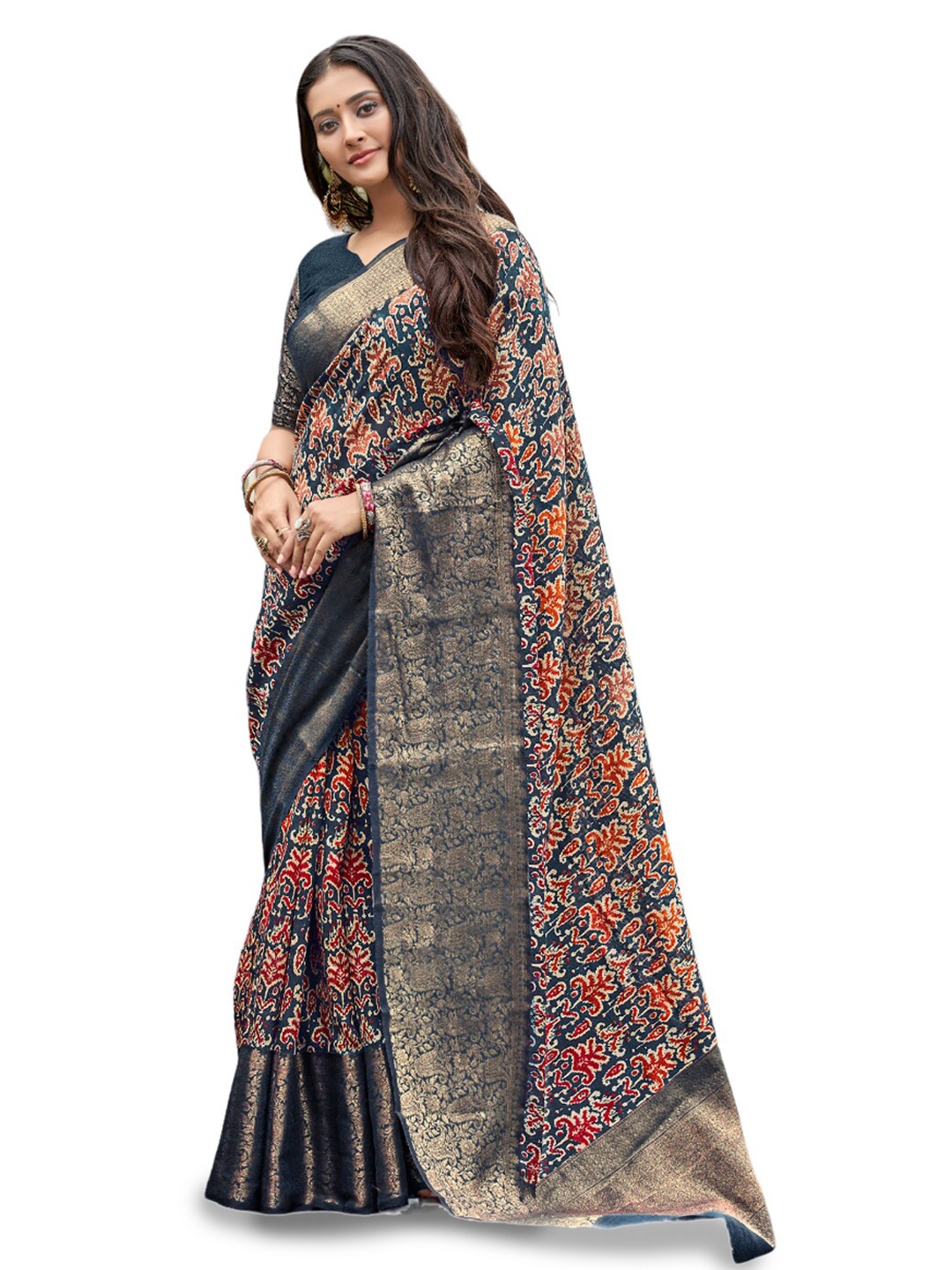 

all about you Blue & Red Ethnic Motifs Printed Zari Pure Cotton Saree, Navy blue