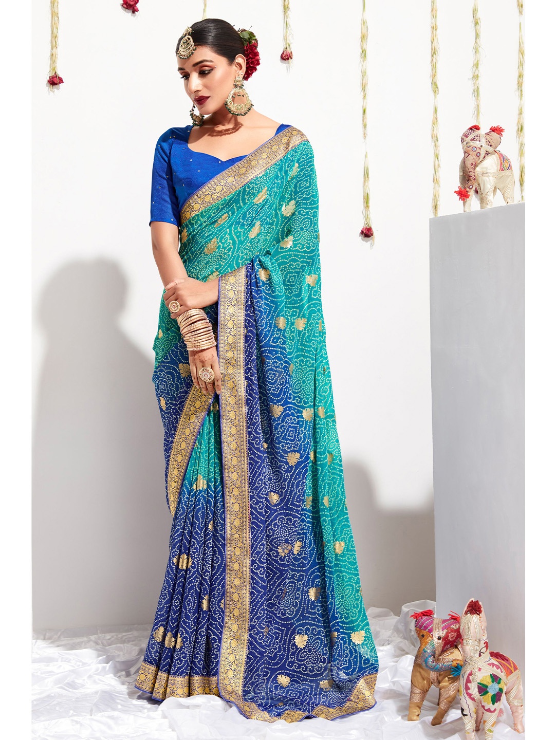 

all about you Green & Blue Bandhani printed Zari Pure Georgette Saree
