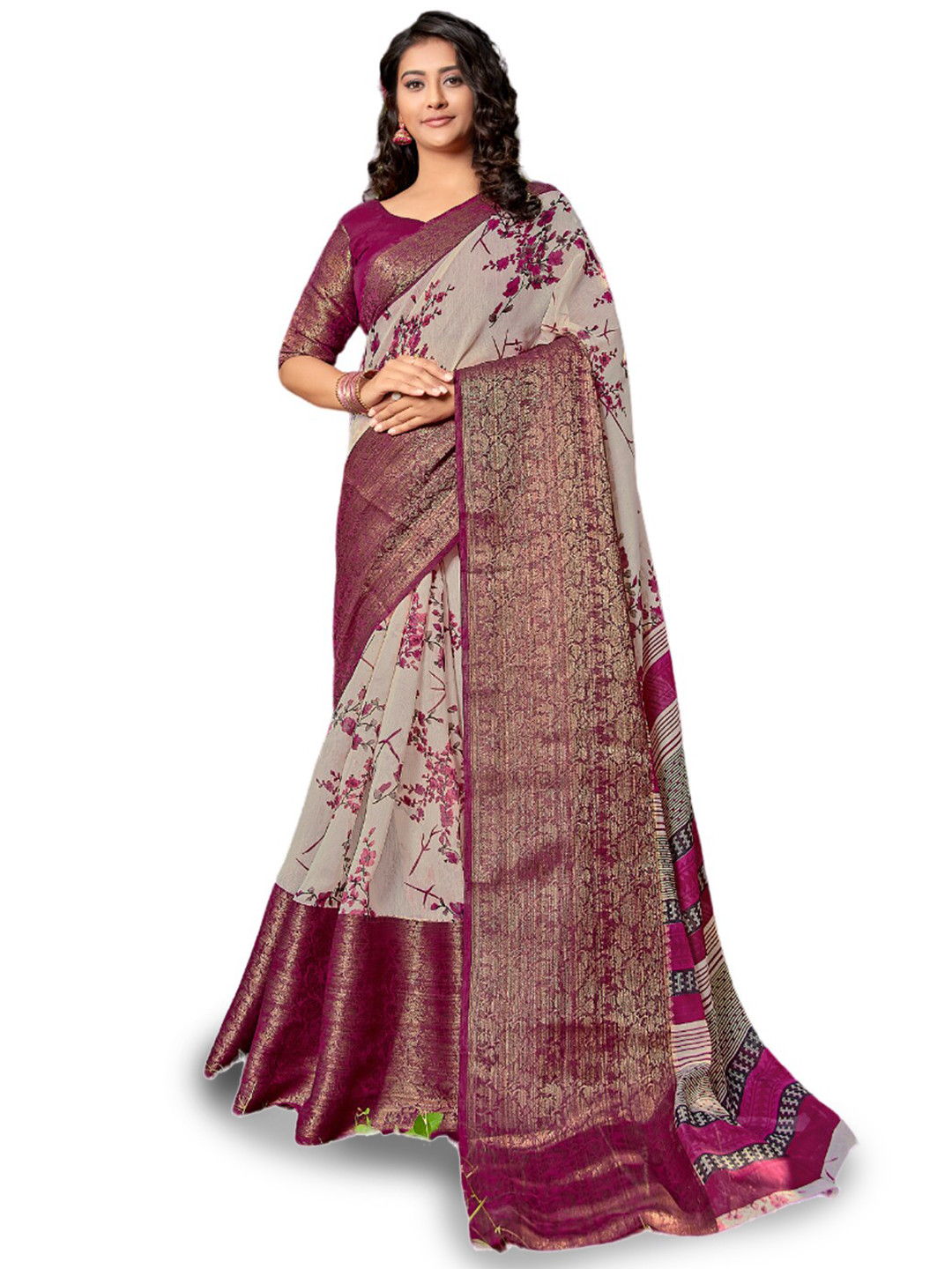 

all about you Grey & Pink Floral Printed Zari Pure Cotton Saree