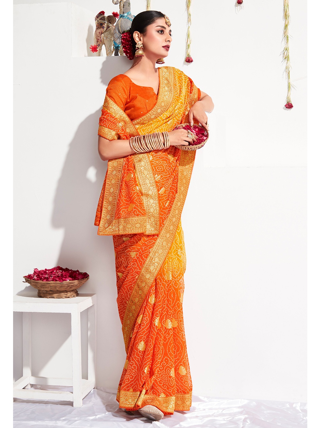 

all about you Yellow & Gold-Toned Zari Pure Georgette Bandhani Saree