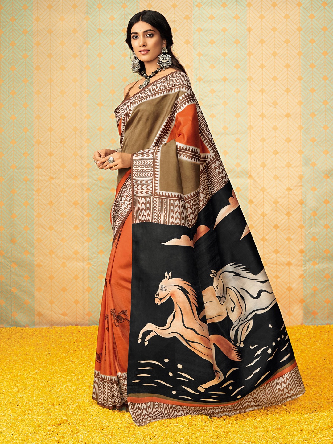 

all about you Orange & Black Abstract Printed Satin Saree