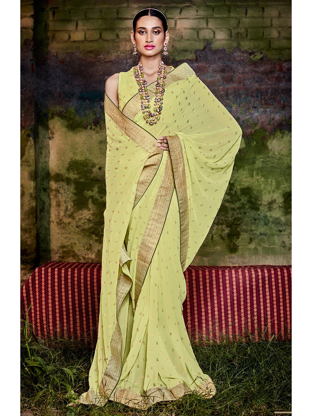 

all about you Green & Red Floral Printed Zari Pure Georgette Saree