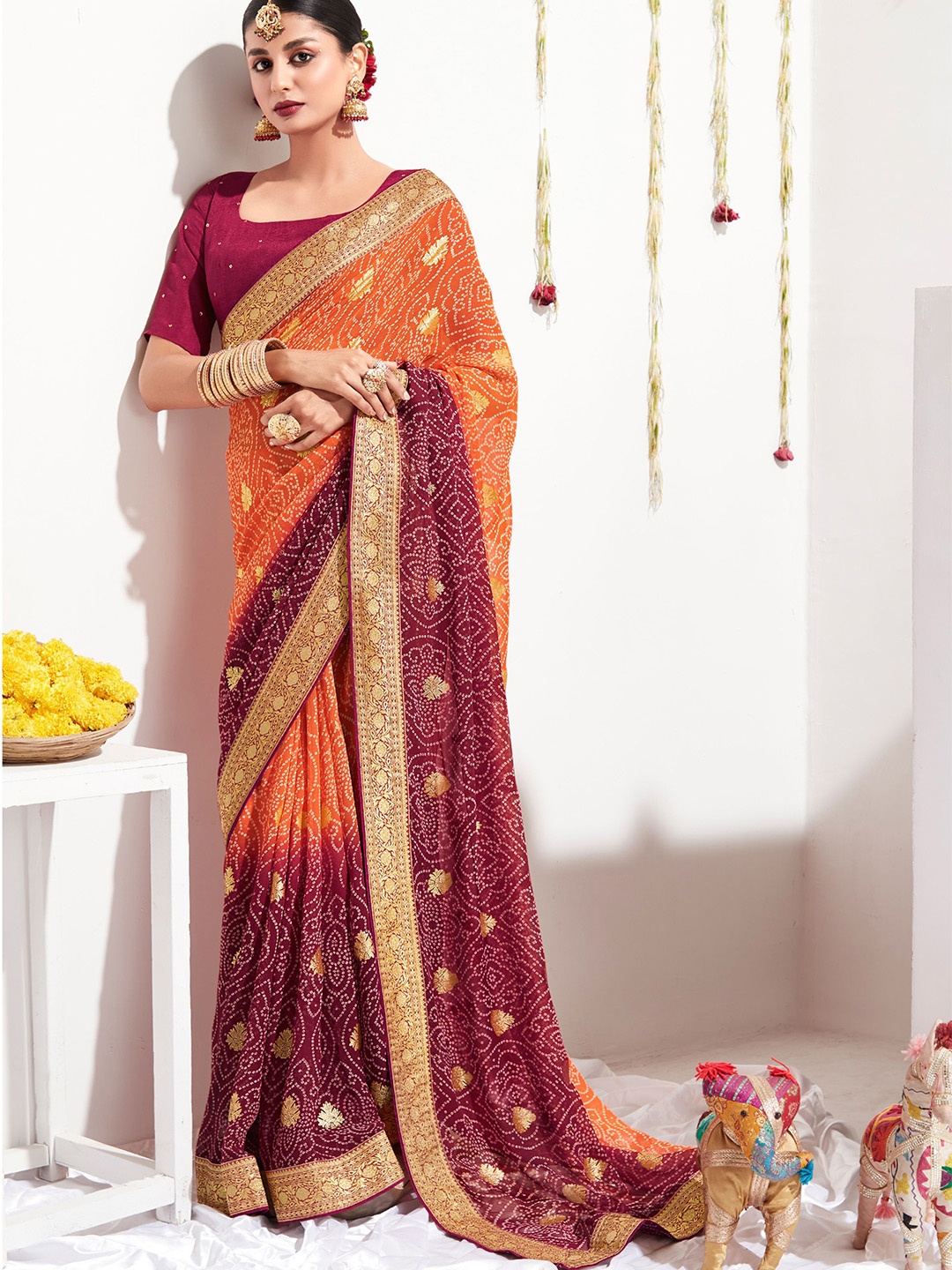 

all about you Orange & White Bandhani Zari Pure Georgette Bandhani Saree
