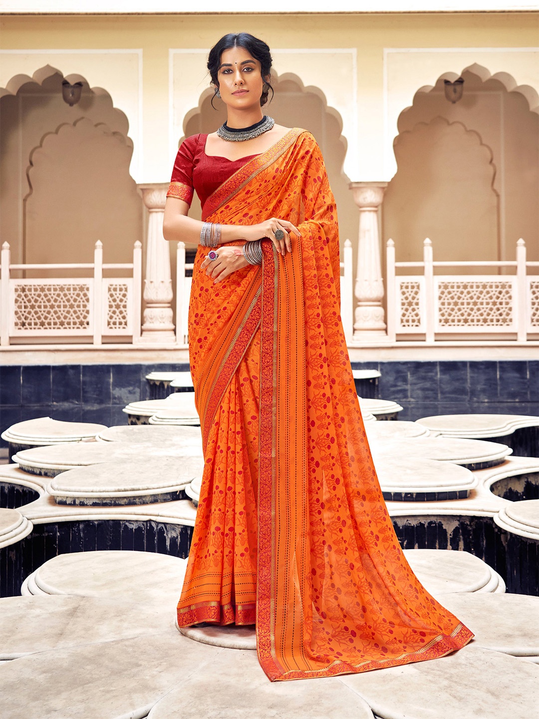 

all about you Orange & Red Floral printed Pure Georgette Saree