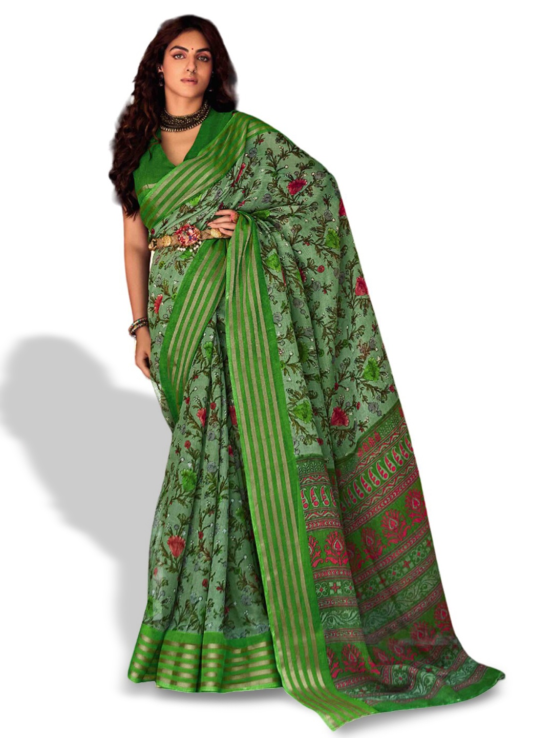 

all about you Green & Red Floral Printed Zari Pure Linen Saree