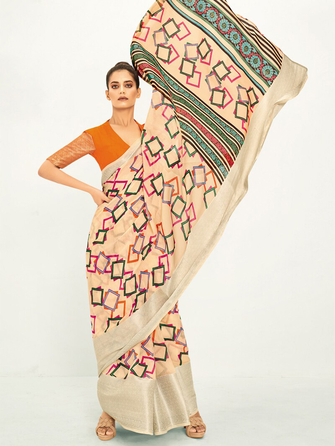 

all about you Orange & Blue Geometric Printed Zari Saree