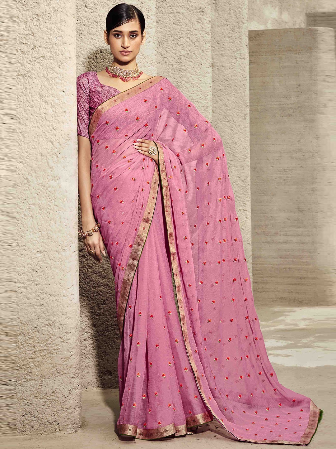 

all about you Pink & Red Floral Embroidered Zari Pure Chiffon Saree