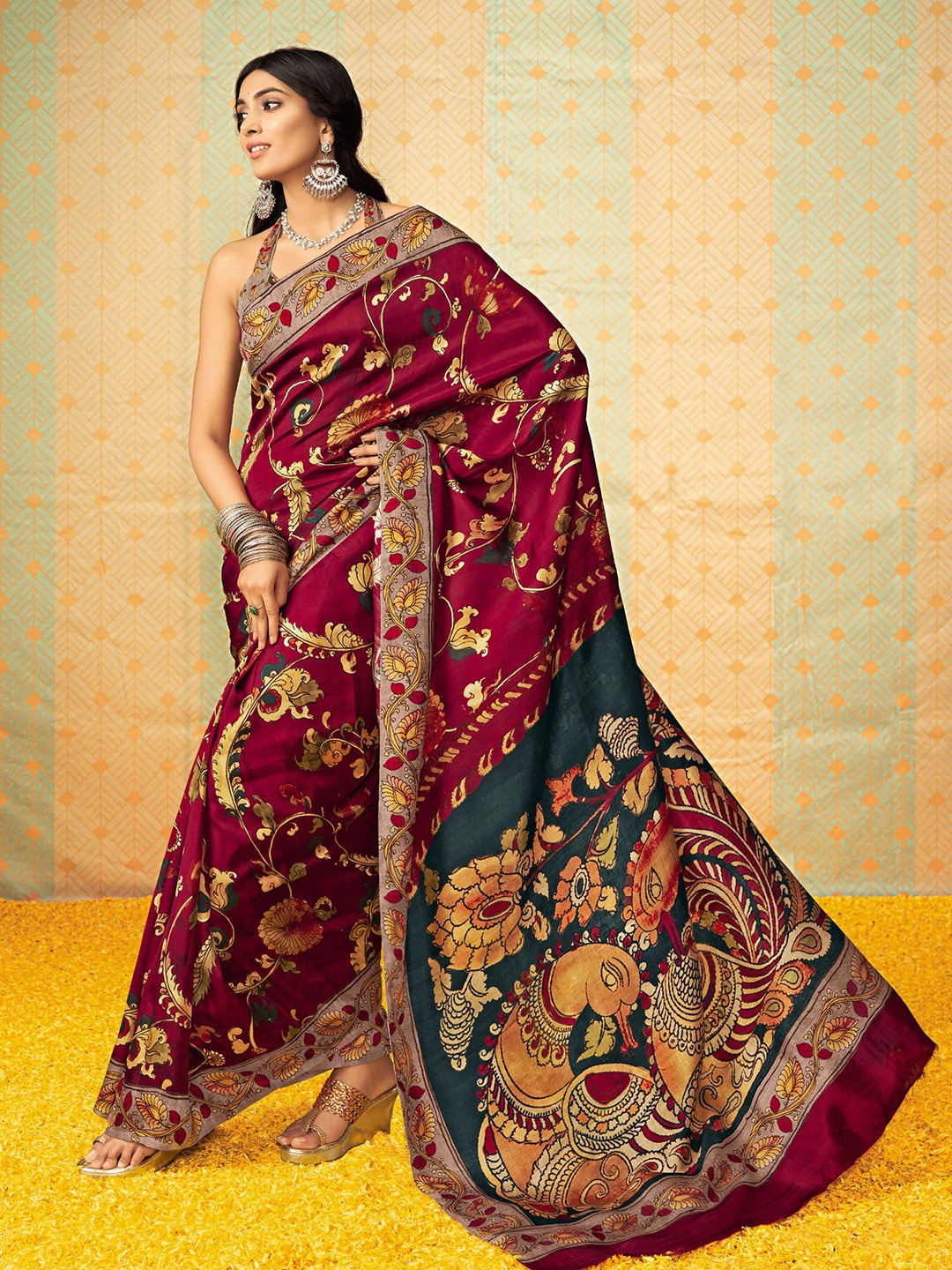 

all about you Maroon & Black Floral Printed Satin Saree