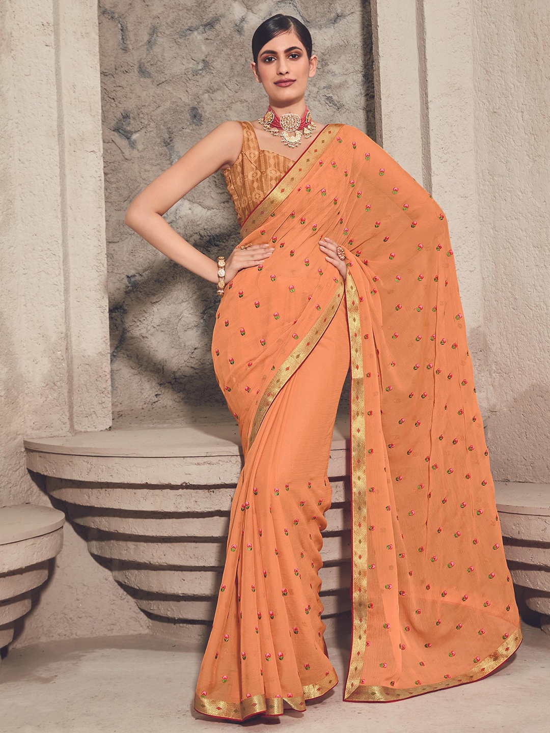 

all about you Orange & Pink Floral Embroidered Pure Chiffon Saree