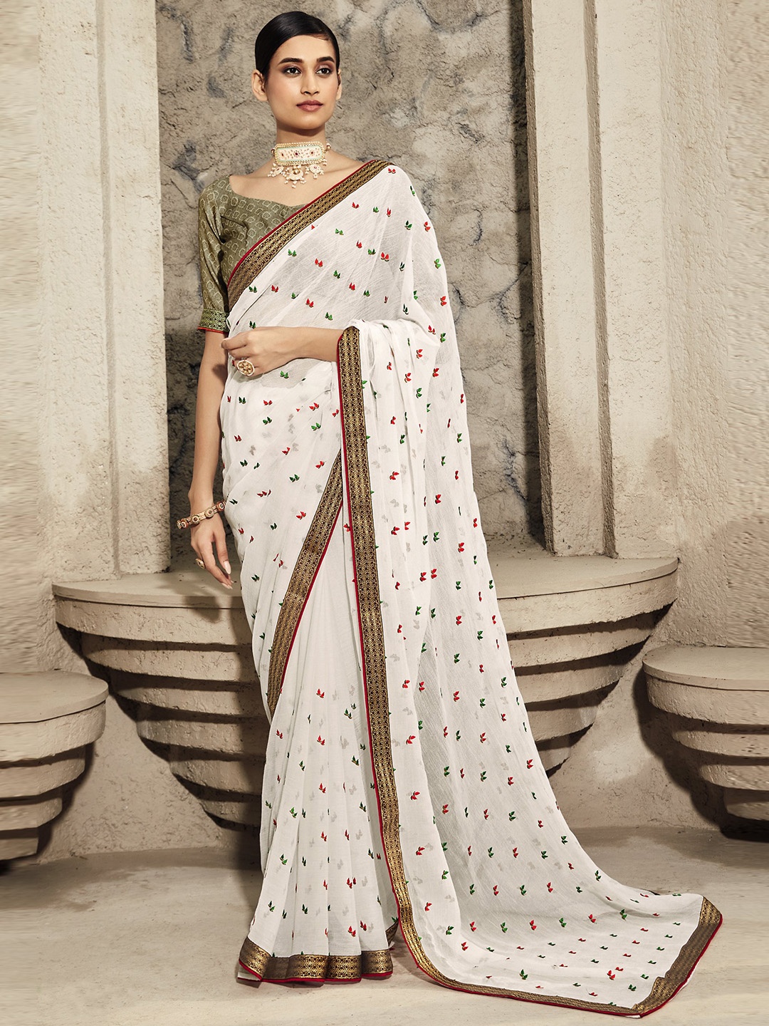 

all about you White & Red Floral Embroidered Pure Chiffon Saree