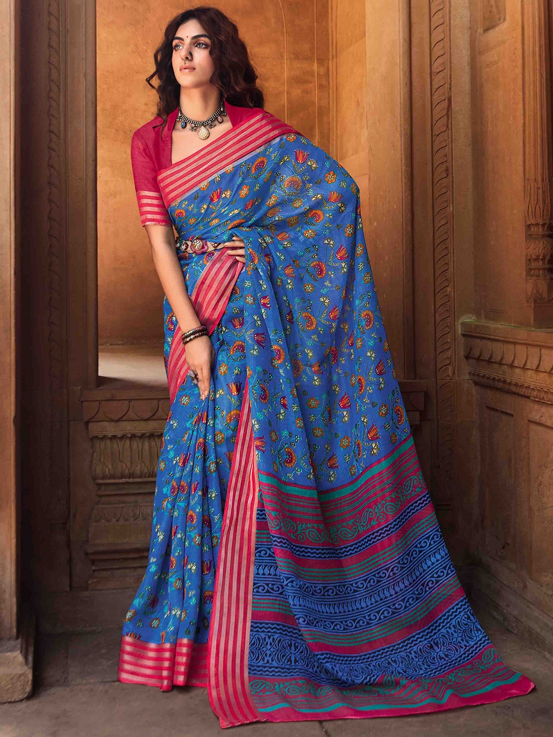 

all about you Blue & Pink Floral Printed Zari Pure Linen Saree