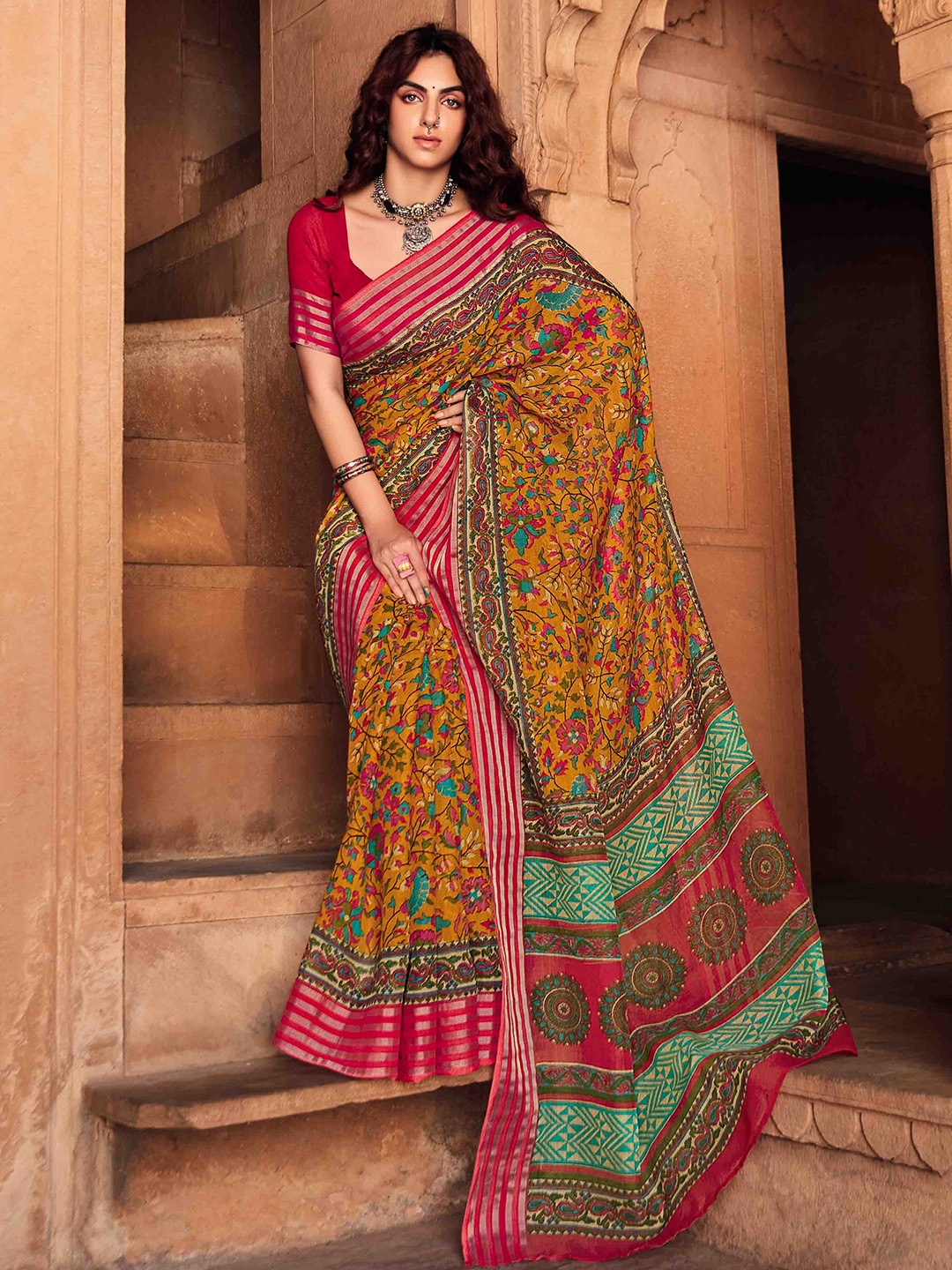 

all about you Orange & Green Floral Zari Pure Linen Saree With Blouse Piece