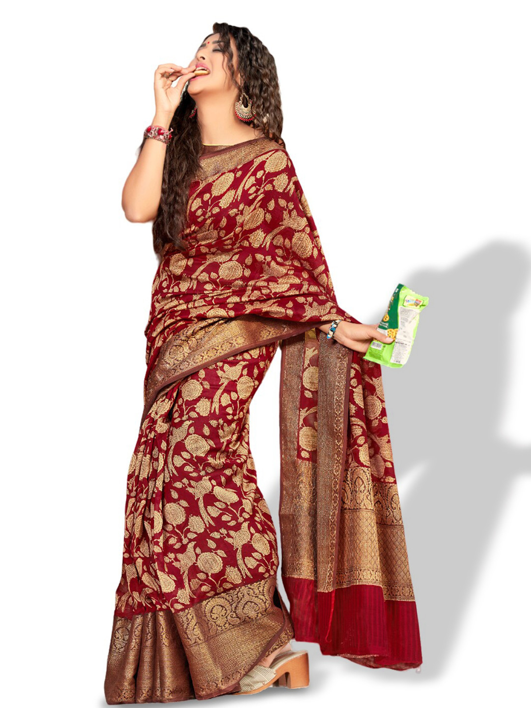 

all about you Maroon & Gold-Toned Floral Printed Zari Pure Cotton Saree