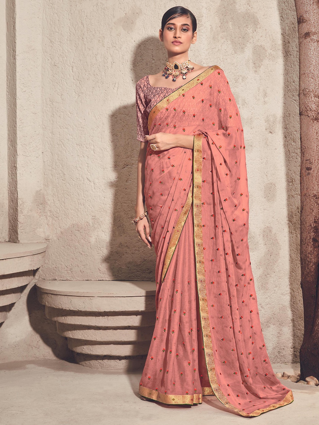 

all about you Peach-Coloured & Red Floral Embroidered Pure Chiffon Saree