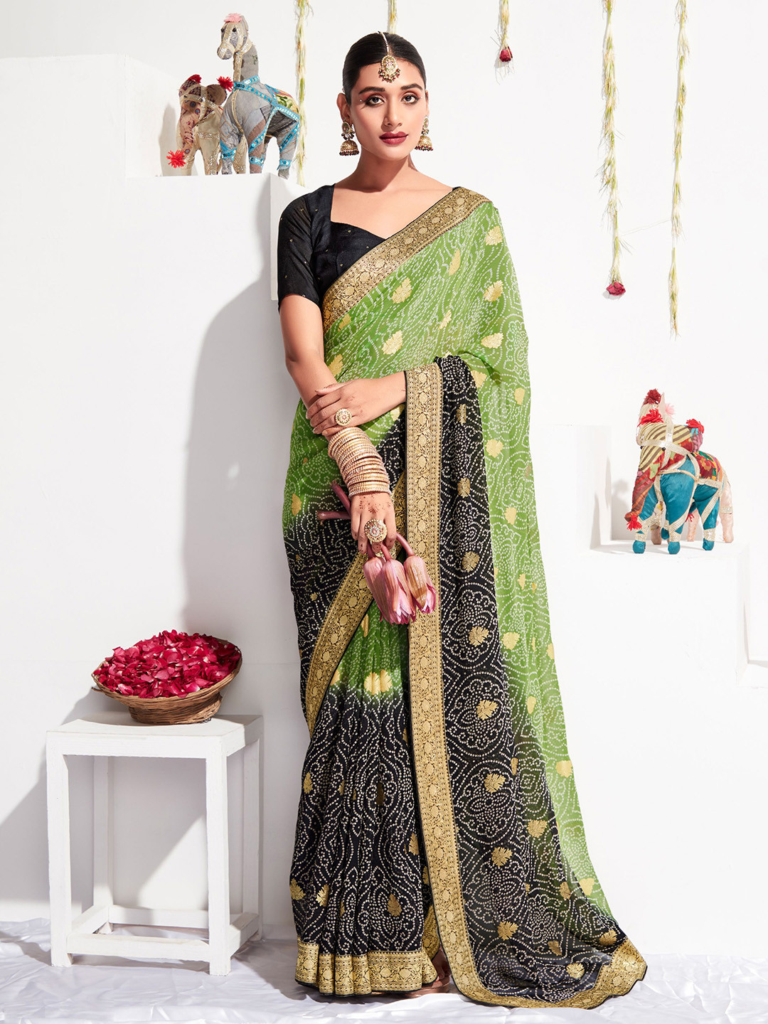

all about you Green & White Bandhani Printed Zari Saree