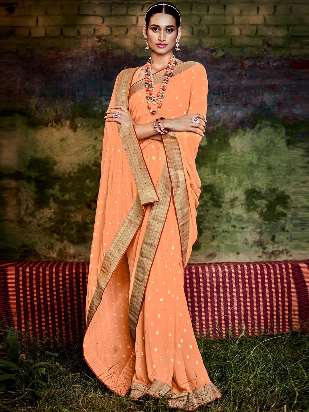 

all about you Peach-Coloured & Red Floral Woven Design Zari Pure Georgette Saree