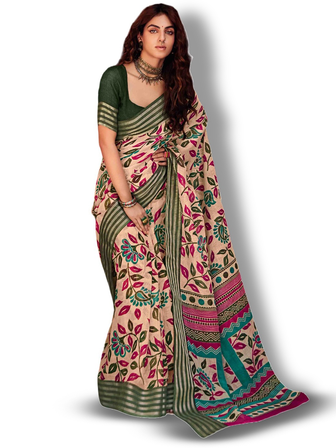 

all about you Cream-Coloured & Green Floral Printed Zari Pure Linen Saree