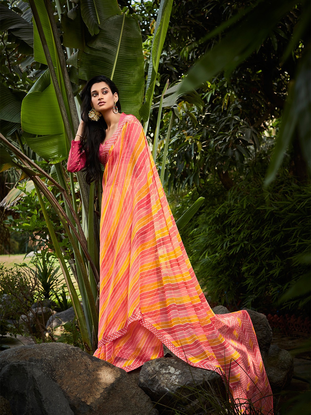 

all about you Pink & Yellow Leheriya Pure Georgette Leheriya Saree