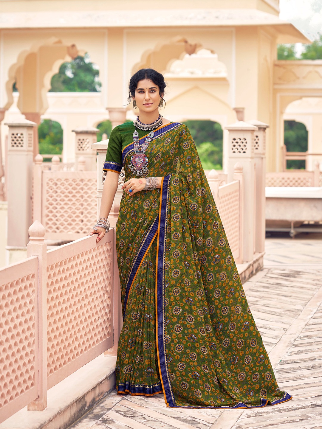 

all about you Green & Yellow Ethnic Motifs Printed Pure Georgette Saree