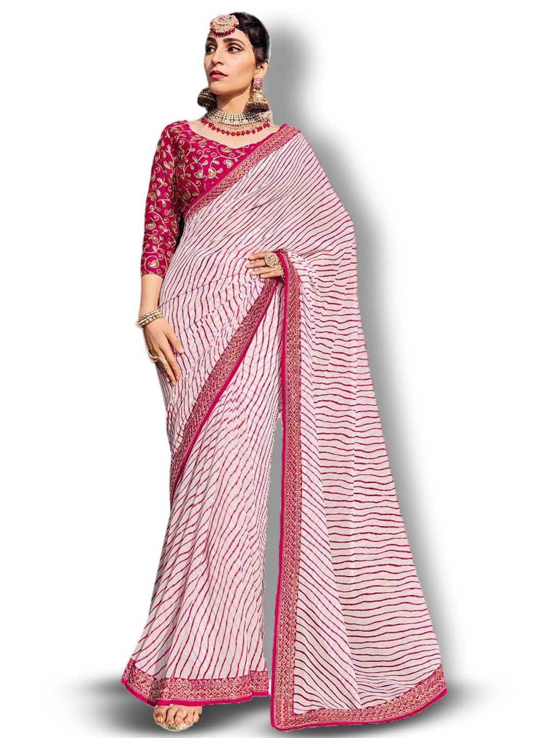 

all about you Pink & White Striped Embroidered Pure Georgette Saree