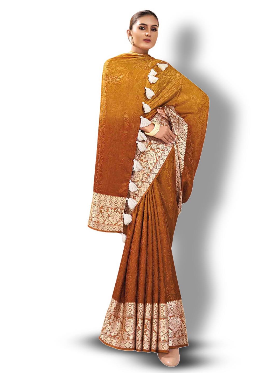

all about you Mustard & Gold-Toned Floral Woven Design Zari Saree