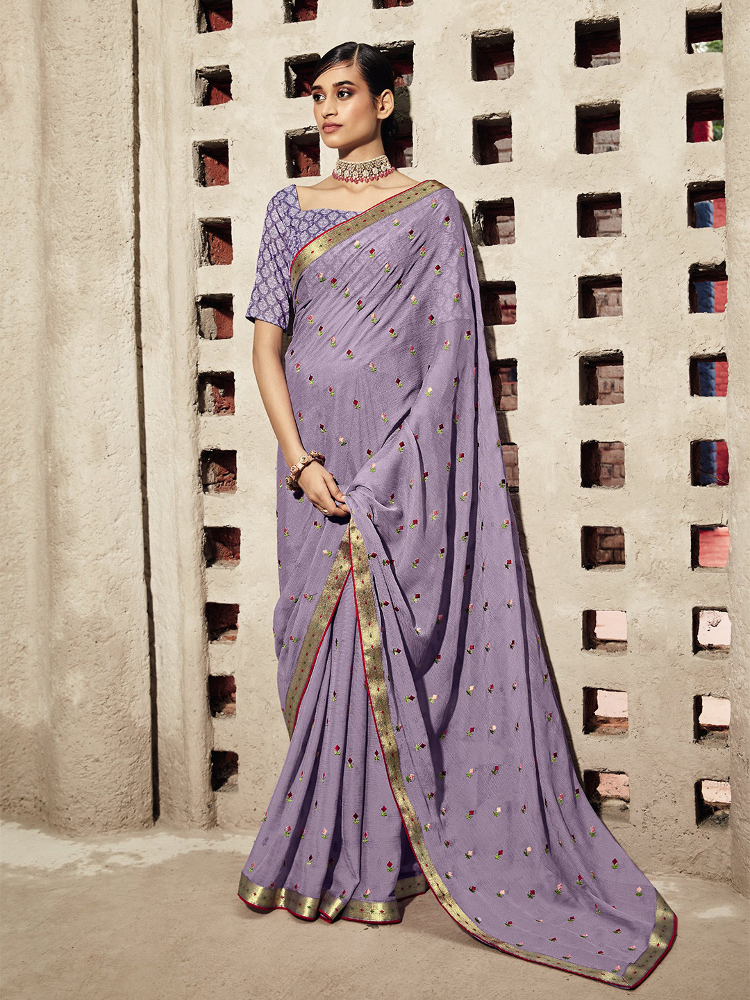 

all about you Purple & Red Floral Embroidered Zari Pure Chiffon Saree