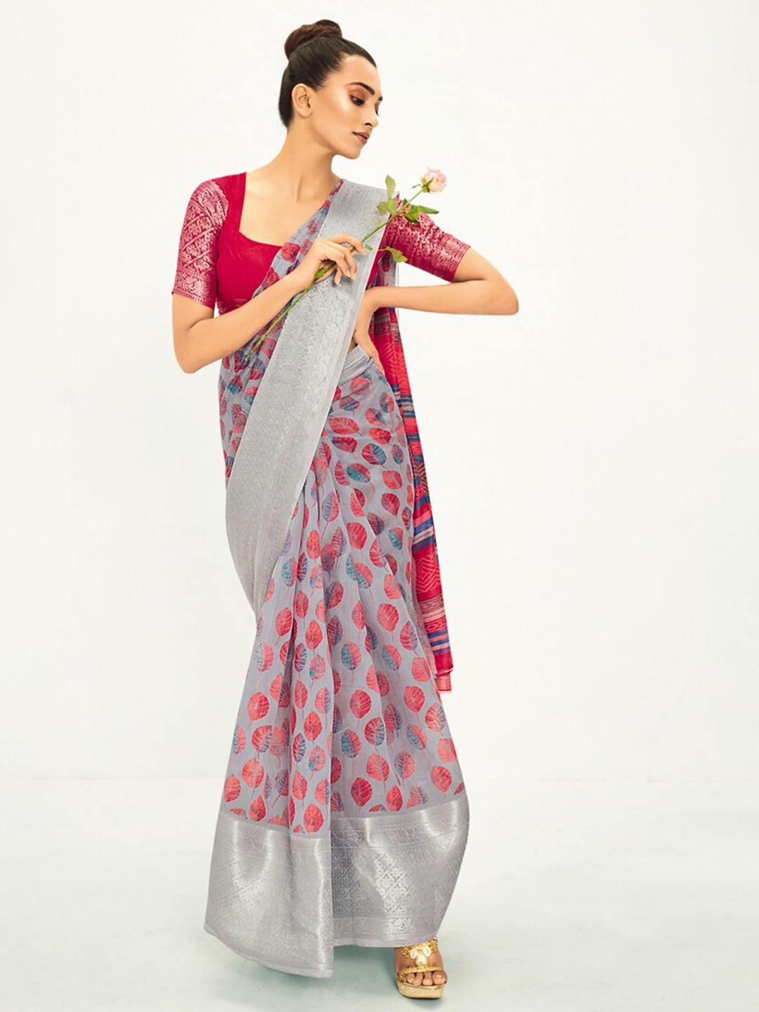 

all about you Grey & Red Floral Printed Zari Saree