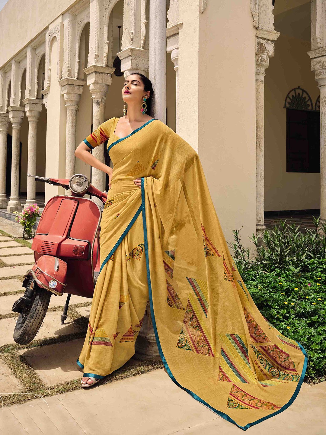 

all about you Beige & Red Ethnic Motif Pure Georgette Saree With Blouse Piece