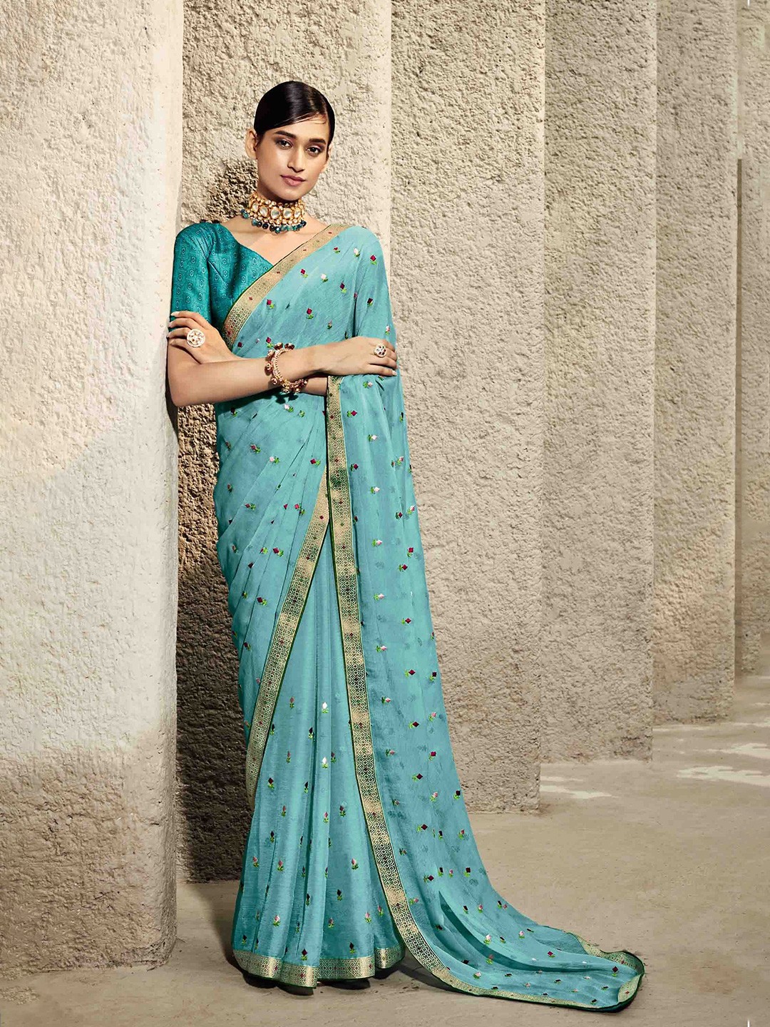 

all about you Blue & Pink Floral Embroidered Zari Pure Chiffon Saree