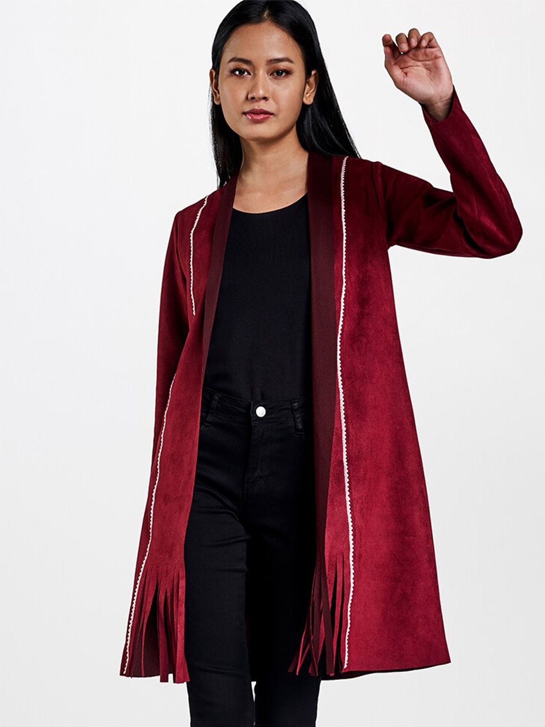 

Global Desi Long Sleeves Front Open Longline Shrug, Maroon