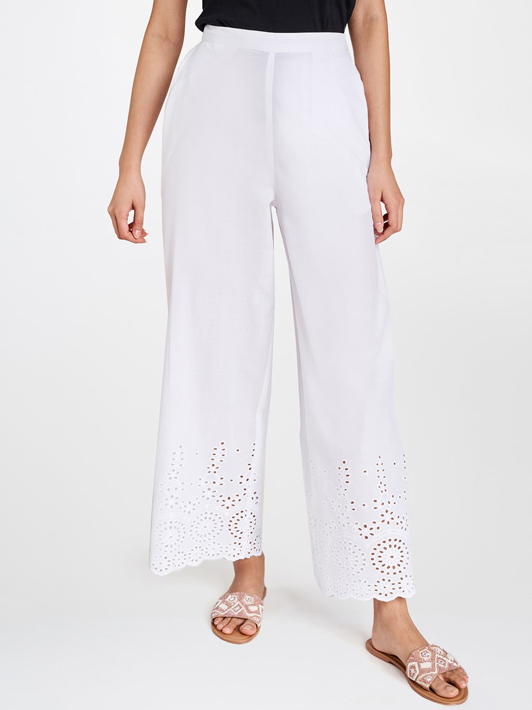

Global Desi Women Embroidered Pure Cotton Straight Fit Parallel Trousers, White