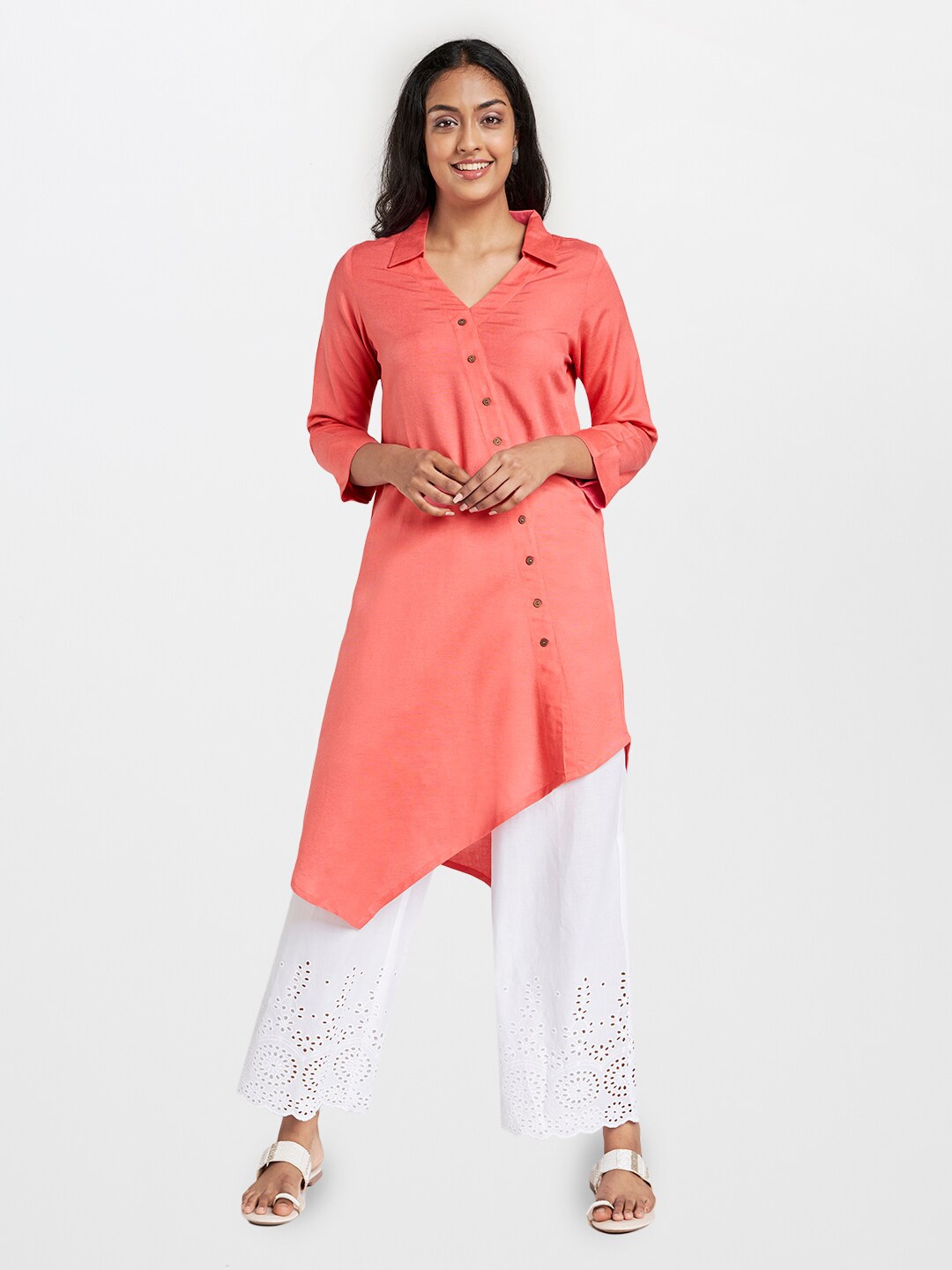 

Global Desi Shirt Collar Asymmetric Kurta, Coral
