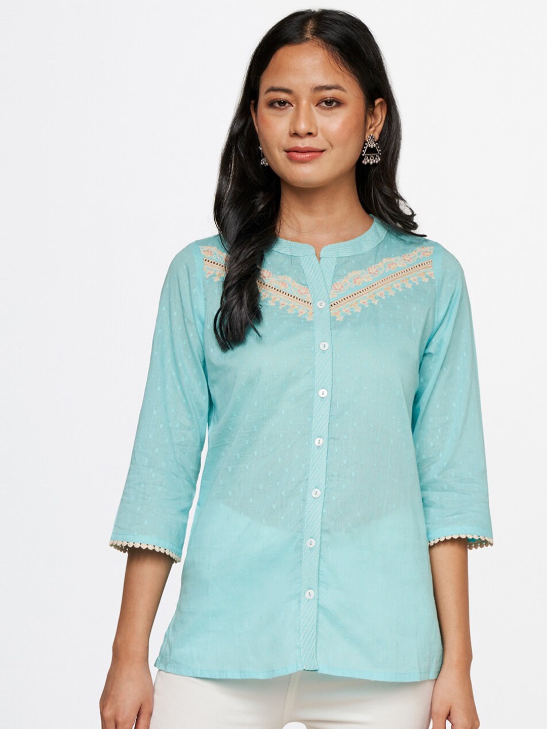 

Global Desi Self Design Mandarin Collar Pure Cotton Top, Blue