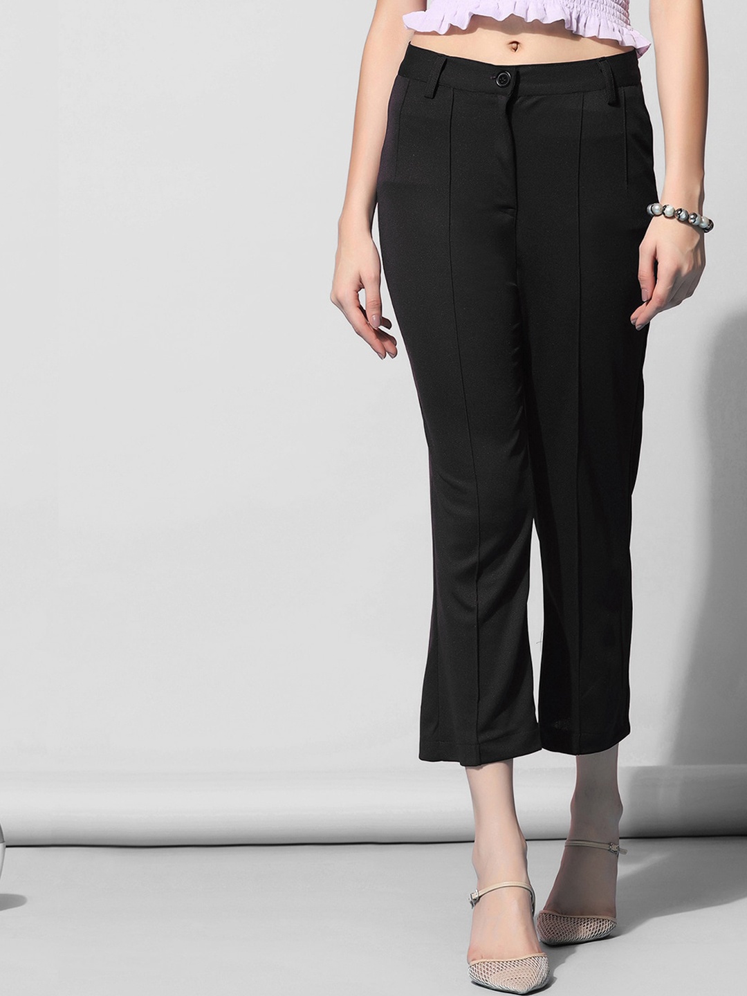 

Selvia Women Mid-Rise Easy Wash Cropped Lycra Trousers, Black