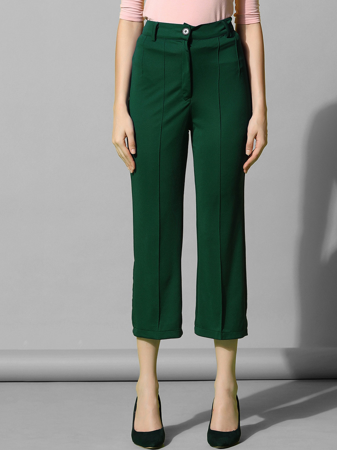 

Selvia Women Mid-Rise Easy Wash Cropped Lycra Trousers, Green