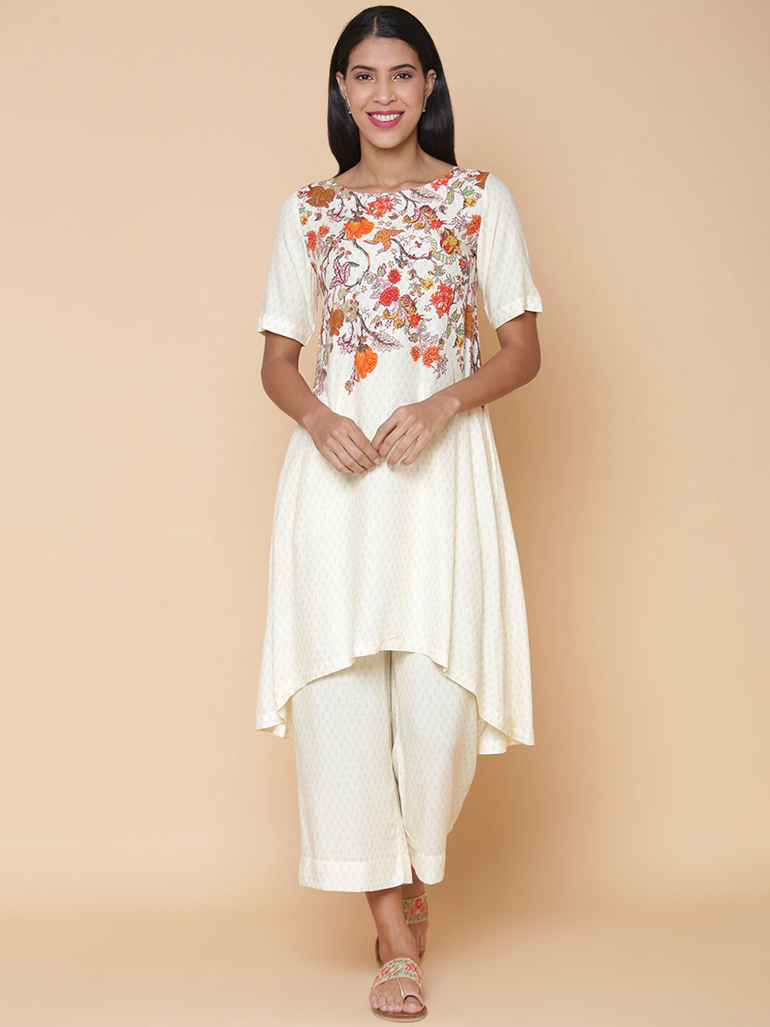 

Biba Women Floral Printed Regular Kurta With Palazzos, Off white