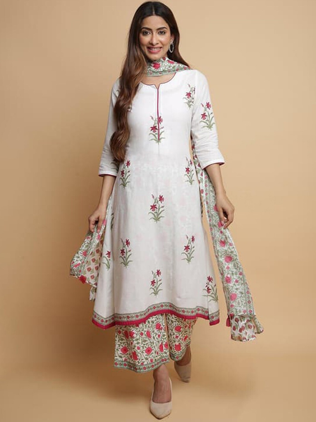 

Biba Floral Printed A-Line Kurta with Palazzos & Dupatta, White