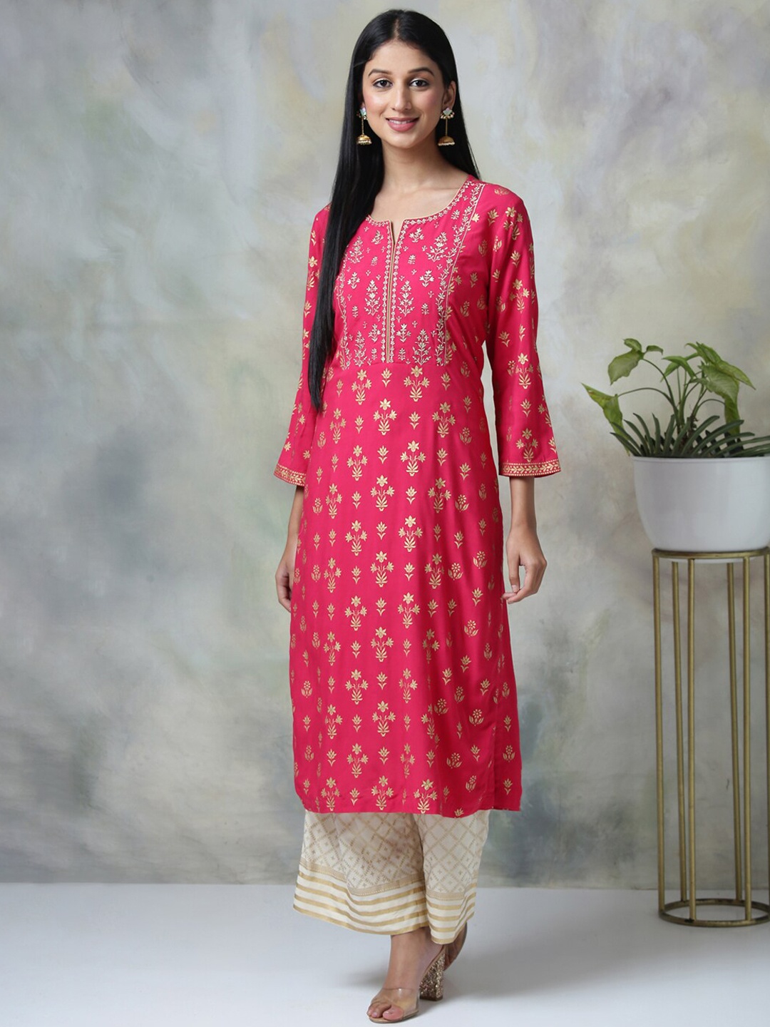 

Biba Floral Foil Printed Thread Work Kurta with Palazzos, Pink